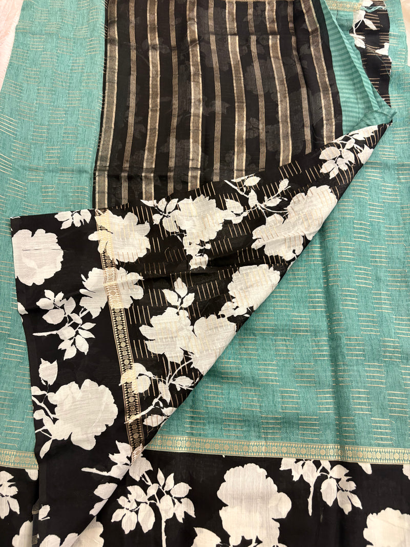 Pista Green x Black Assam Silk Saree with Floral Border and Striped Pallu SALE