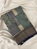 Abstract Square Box Print Chander Mul Saree - Beige Blue JU25