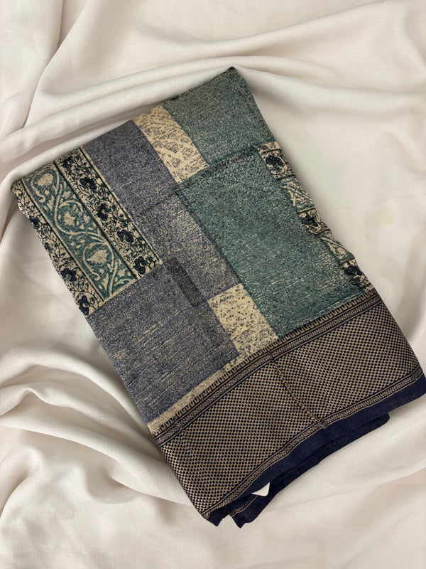 Abstract Square Box Print Chander Mul Saree - Beige Blue JU25