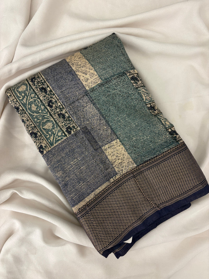 Abstract Square Box Print Chander Mul Saree - Beige Blue JU25