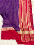 Purple x Pink Chex Pattern Assam Silk Saree with Pink Chex Blouse SALE