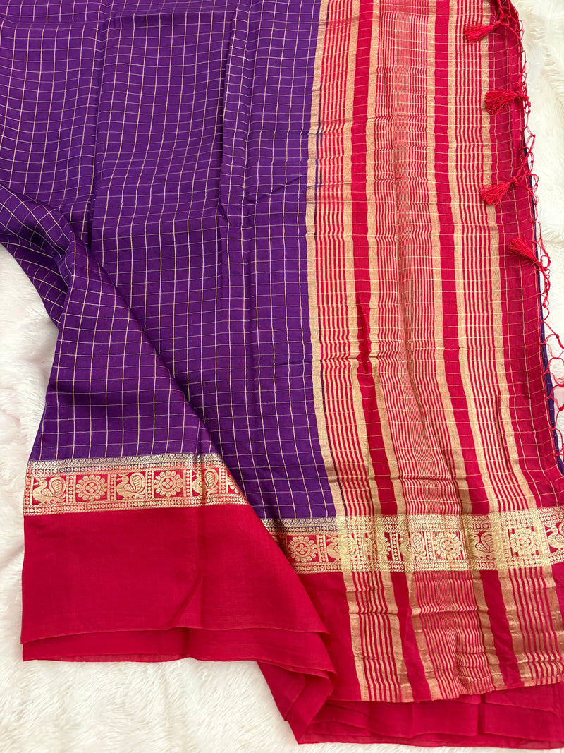 Purple x Pink Chex Pattern Assam Silk Saree with Pink Chex Blouse SALE