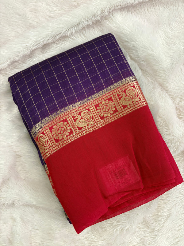 Purple x Pink Chex Pattern Assam Silk Saree with Pink Chex Blouse SALE