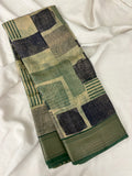 Abstract Square Box Print Chander Mul Saree - Beige Green JU25