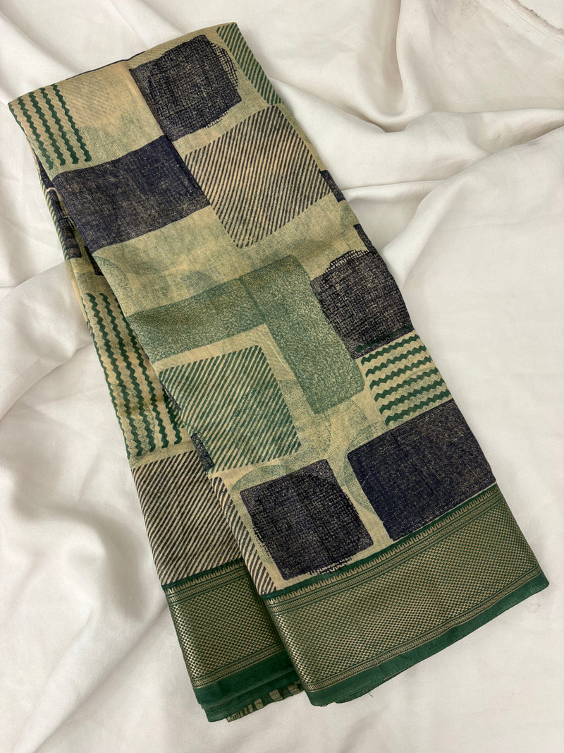 Abstract Square Box Print Chander Mul Saree - Beige Green JU25