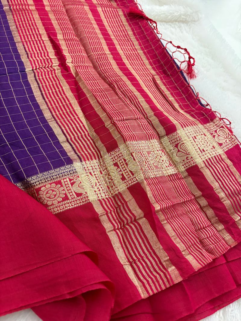 Purple x Pink Chex Pattern Assam Silk Saree with Pink Chex Blouse SALE