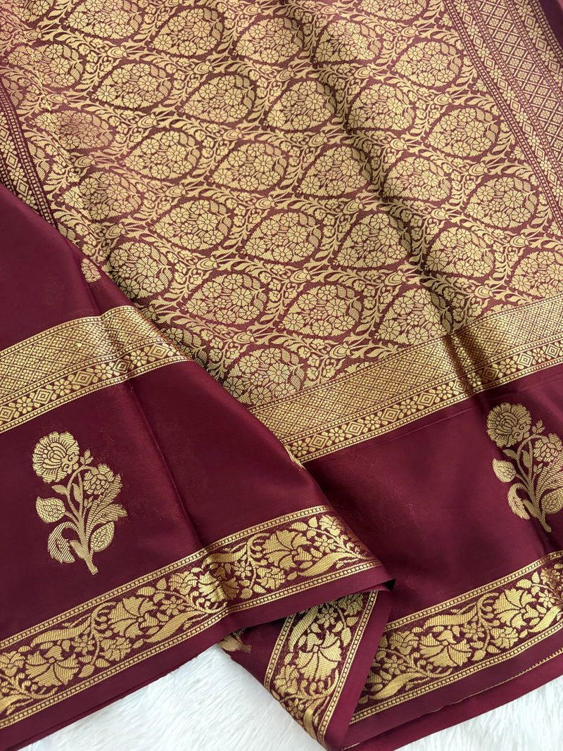 Brown Crepe Silk Saree with Sunflower Bentex Border