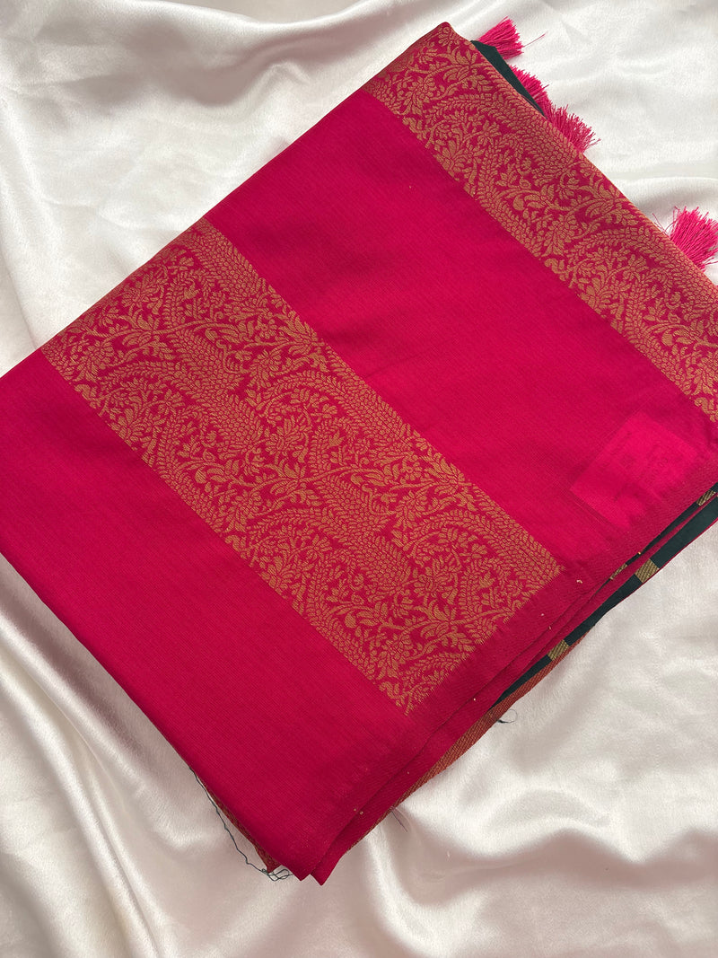 Rani Pink x Bottle Green Soft Cotton Designer Saree with Box Pattern and Zari
