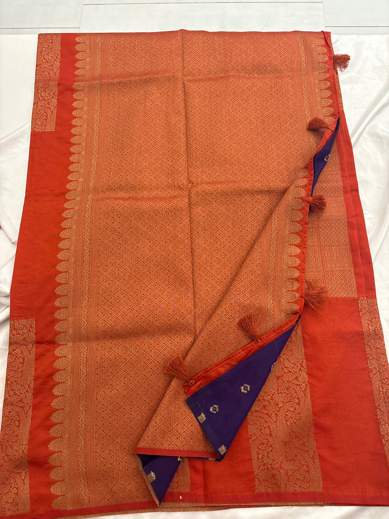 Orange x Purple Soft Cotton Designer Saree with Box Pattern and Zari
