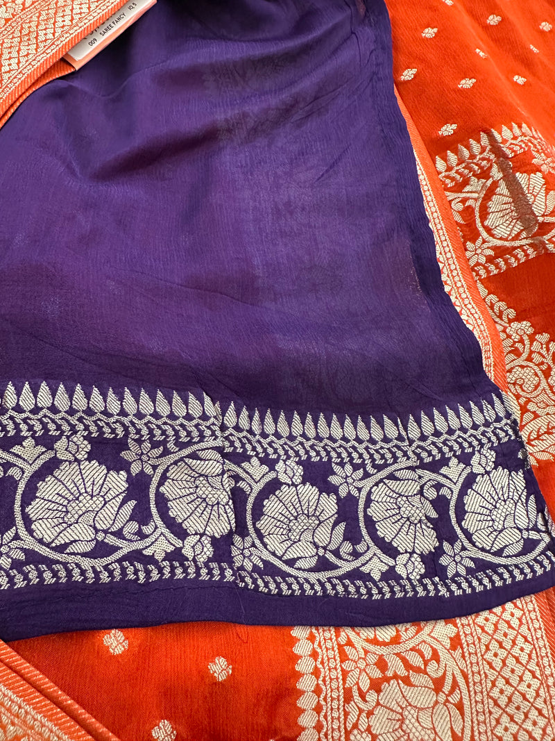 Rust Orange Chinon Georgette Saree with Silver Butti and Grand Leaf Pallu JU24
