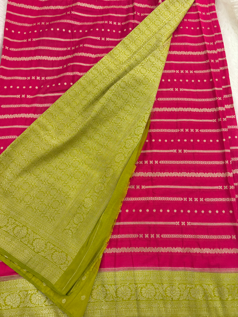 Pink x Green Viscose Silk Saree with Lines and Butta Pattern SALE