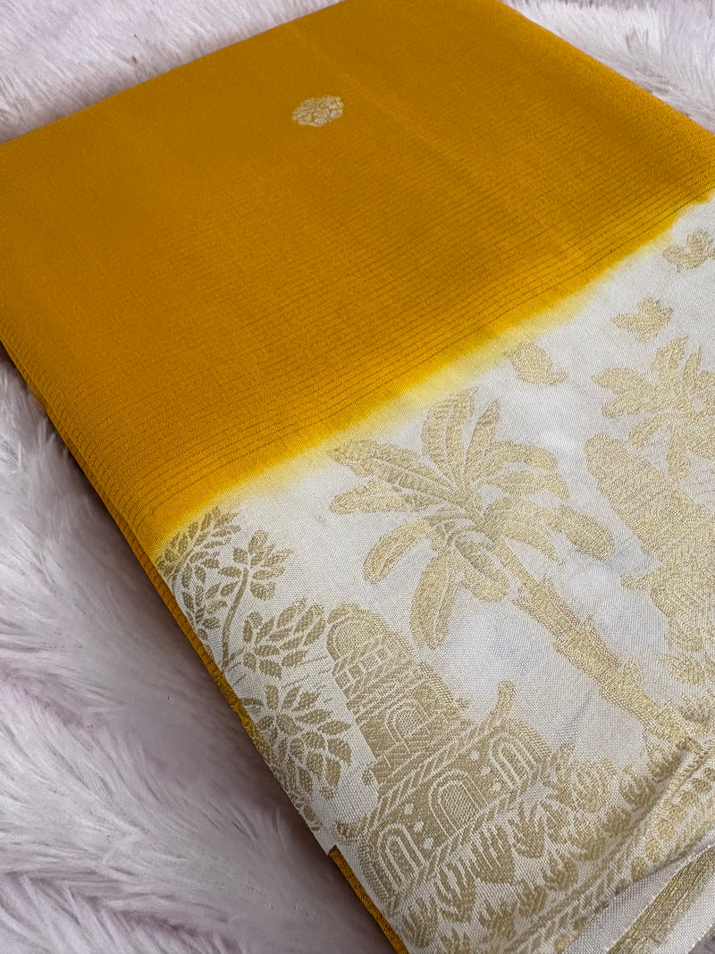 Yellow x Cream Viscose Silk Saree with Kalamkari Border and Stripe Butta Design SALE