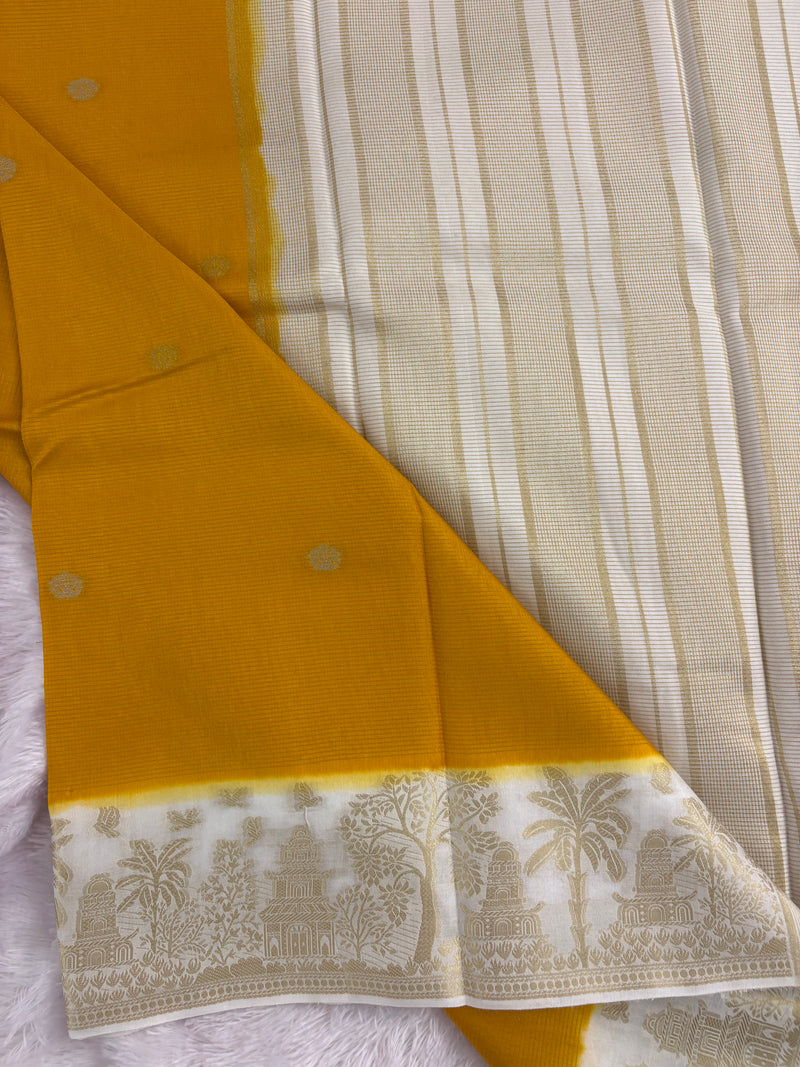 Yellow x Cream Viscose Silk Saree with Kalamkari Border and Stripe Butta Design SALE