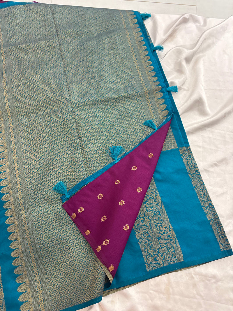 Rama Blue x Purple Soft Cotton Designer Saree with Box Pattern and Zari