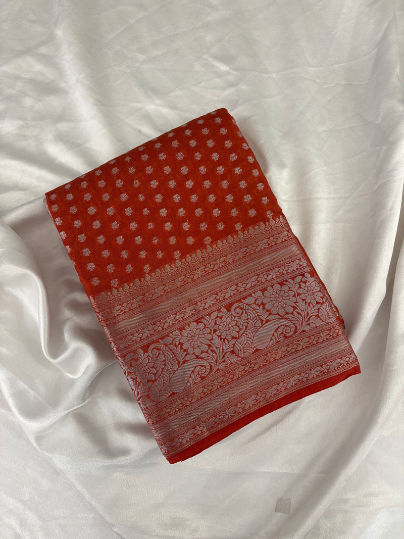 SAMITA - Rust Orange Silver Butta Soft Silk Designer Saree