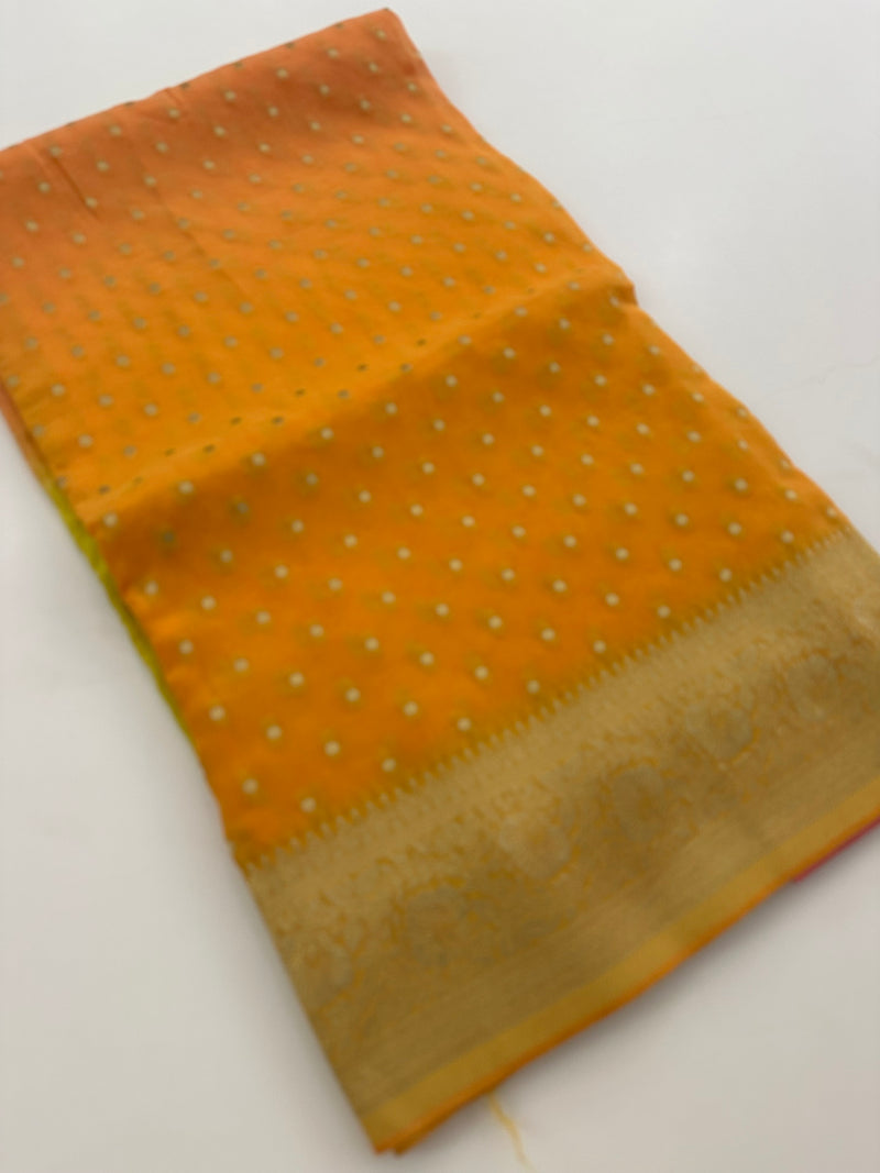 Yellow Orange Shade Georgette Designer Saree with Small Gold Butta JU24