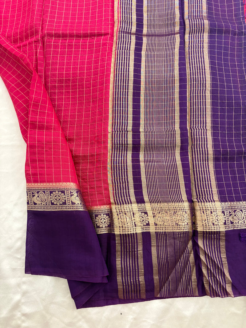 Pink x Purple Chex Pattern Assam Silk Saree with Purple Chex Blouse SALE
