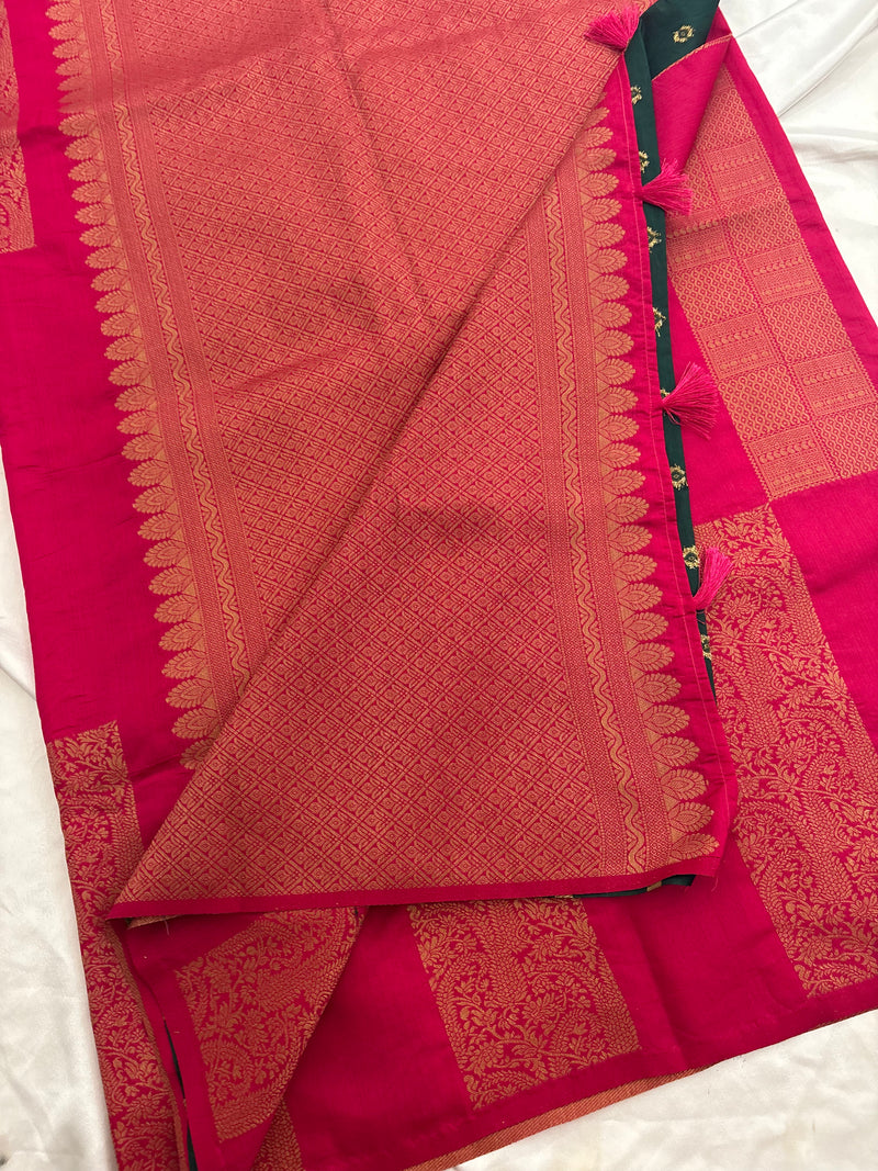 Rani Pink x Bottle Green Soft Cotton Designer Saree with Box Pattern and Zari