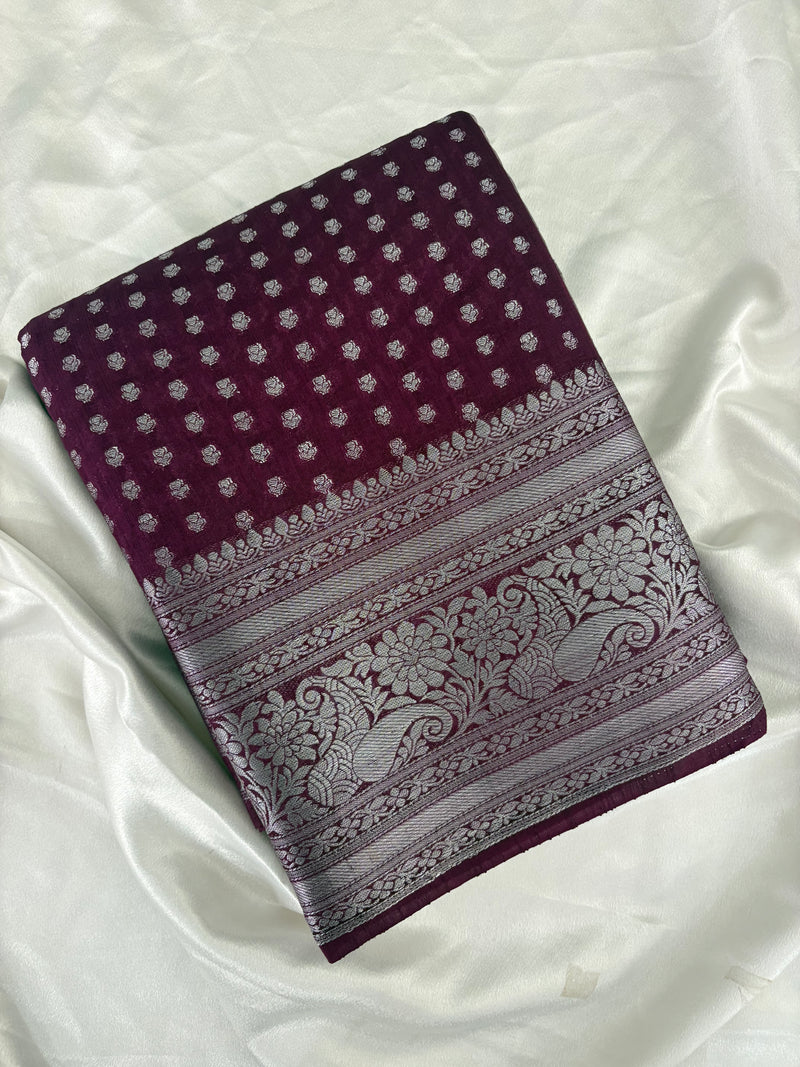SAMITA - Wine Silver Butta Soft Silk Designer Saree