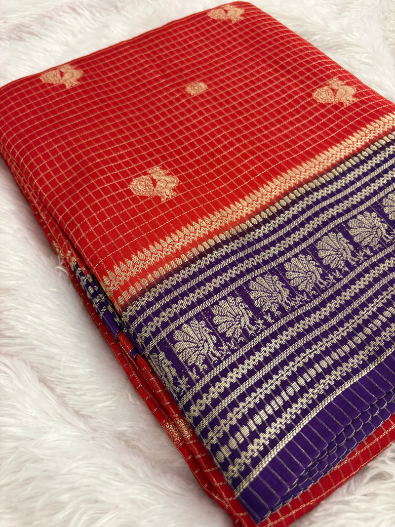 Orange into Purple Viscose Checks Saree with Peacock Butta SALE