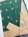 Bottle Green x Cream Semi Silk Saree with Chex Pattern and Leaf Butta