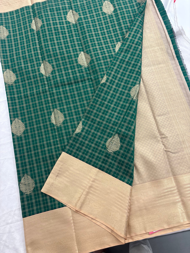 Bottle Green x Cream Semi Silk Saree with Chex Pattern and Leaf Butta