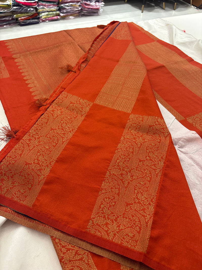 Orange x Purple Soft Cotton Designer Saree with Box Pattern and Zari