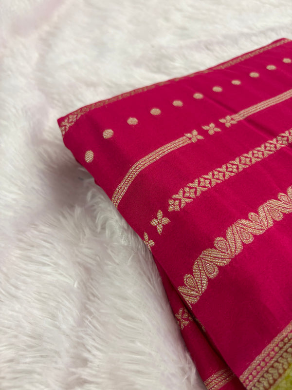 Pink x Green Viscose Silk Saree with Lines and Butta Pattern SALE