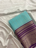 Sapphire Blue x Purple Semi Silk Saree with Chex Pattern and Leaf Butta