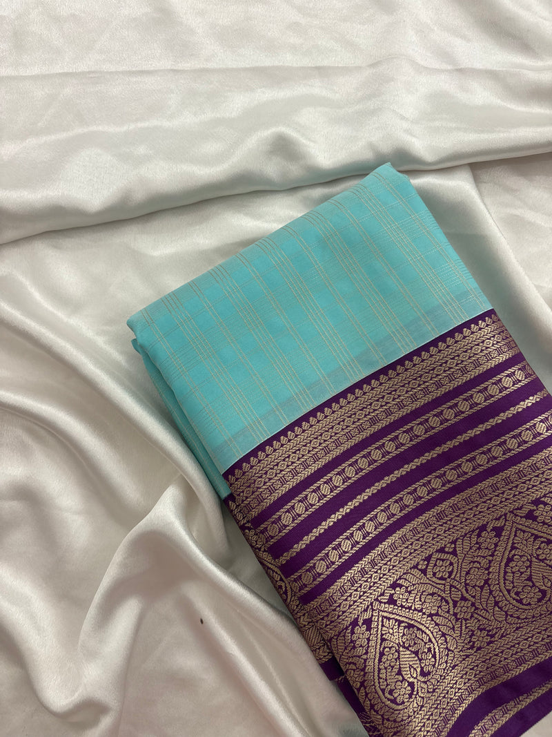Sapphire Blue x Purple Semi Silk Saree with Chex Pattern and Leaf Butta