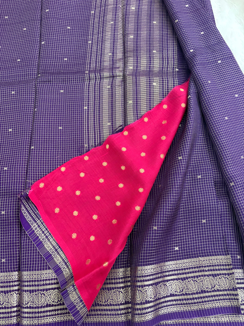 Purple Checks Saree with Golden Stripe Pallu and Contrast Pink Blouse SALE