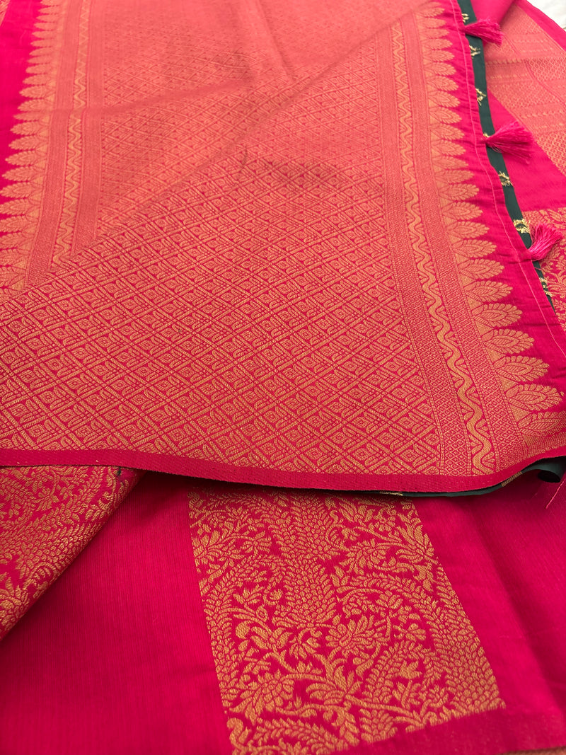 Rani Pink x Bottle Green Soft Cotton Designer Saree with Box Pattern and Zari
