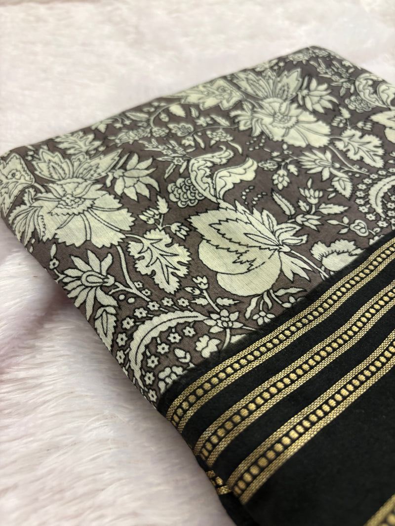 Black into Grey Floral Print Viscose Silk Saree SALE
