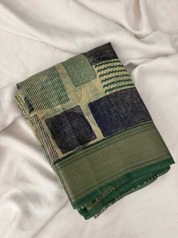 Abstract Square Box Print Chander Mul Saree - Beige Green JU25