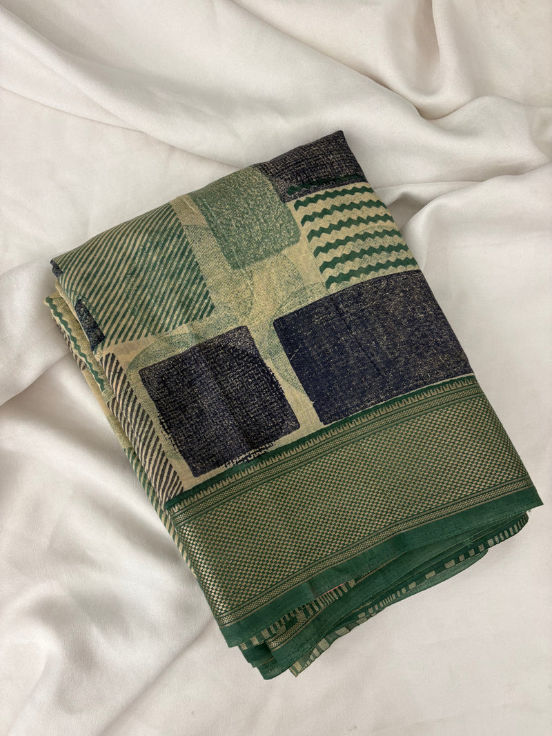 Abstract Square Box Print Chander Mul Saree - Beige Green JU25