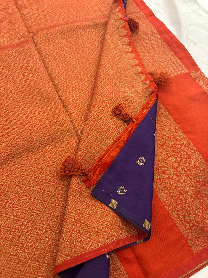 Orange x Purple Soft Cotton Designer Saree with Box Pattern and Zari