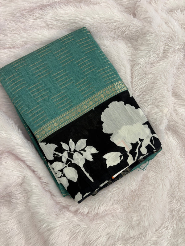 Pista Green x Black Assam Silk Saree with Floral Border and Striped Pallu SALE