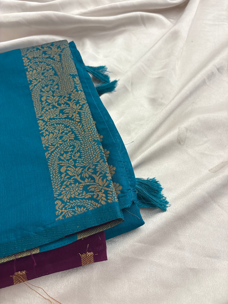 Rama Blue x Purple Soft Cotton Designer Saree with Box Pattern and Zari