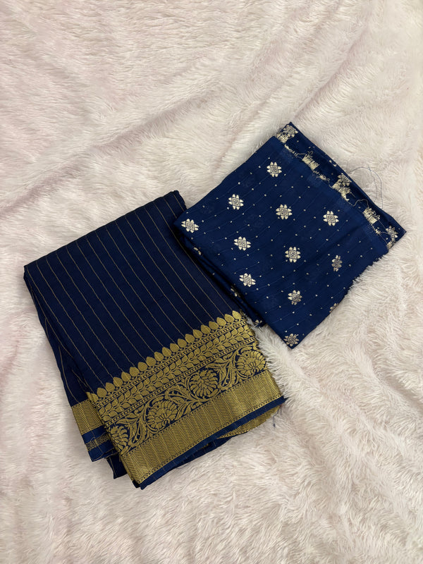 Navy Blue Stripes Viscose Saree with Matching Work Blouse SALE