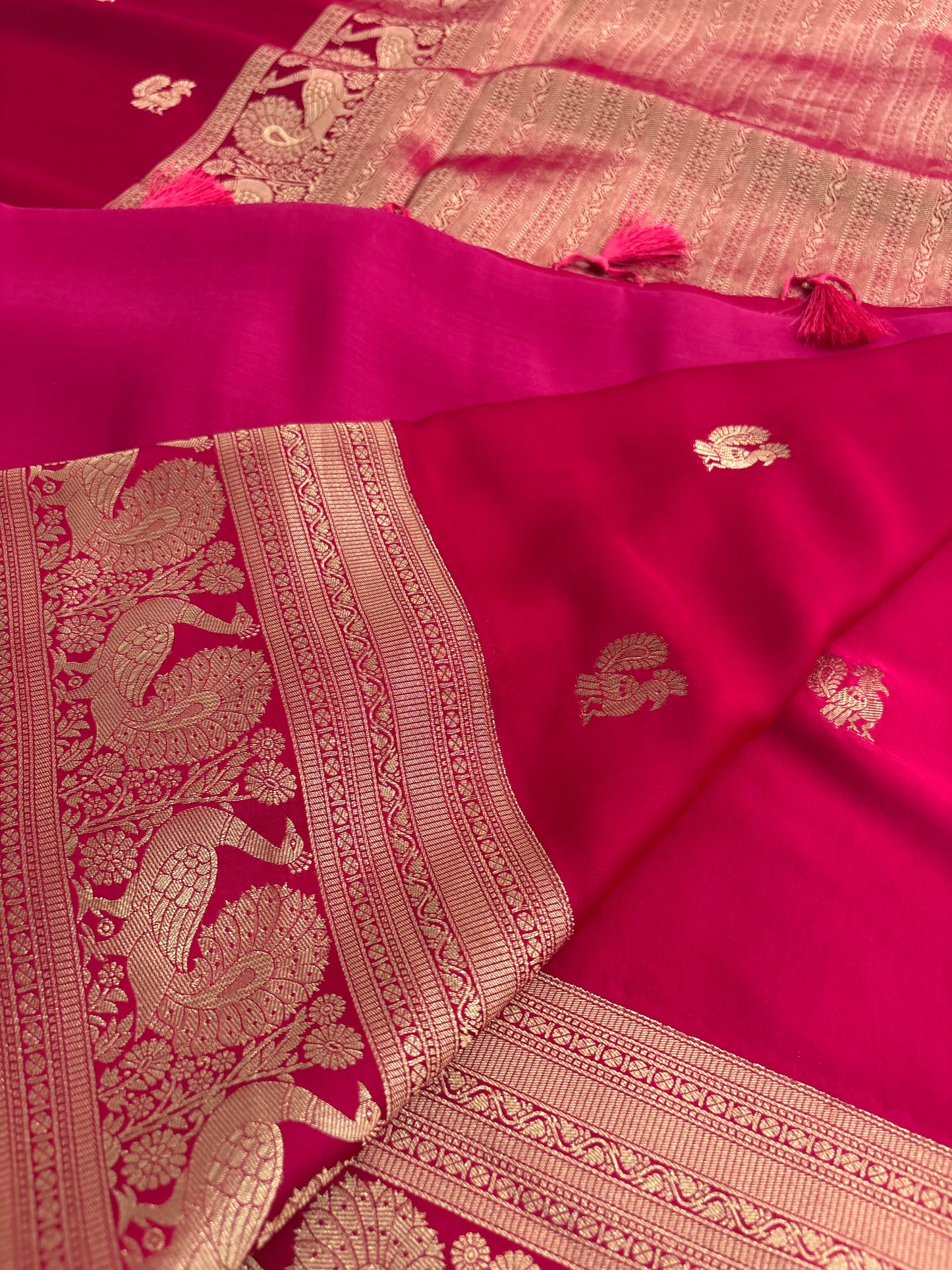 Rani Pink Satin Silk Saree with Peacock Butta AU3