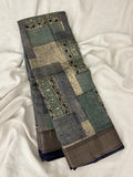 Abstract Square Box Print Chander Mul Saree - Beige Blue JU25