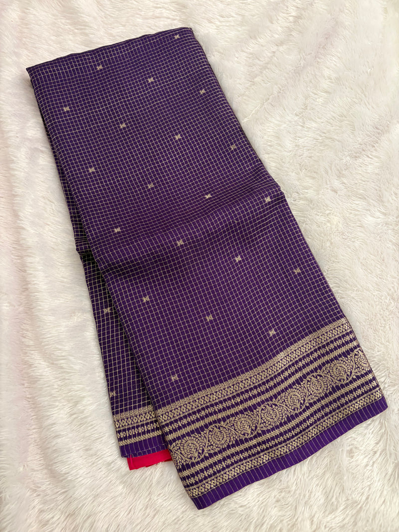 Purple Checks Saree with Golden Stripe Pallu and Contrast Pink Blouse SALE