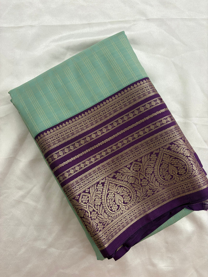 Pastel Blue x Purple Semi Silk Saree with Chex Pattern and Leaf Butta