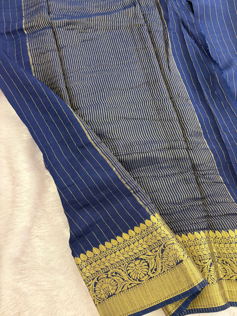 Navy Blue Stripes Viscose Saree with Matching Work Blouse SALE