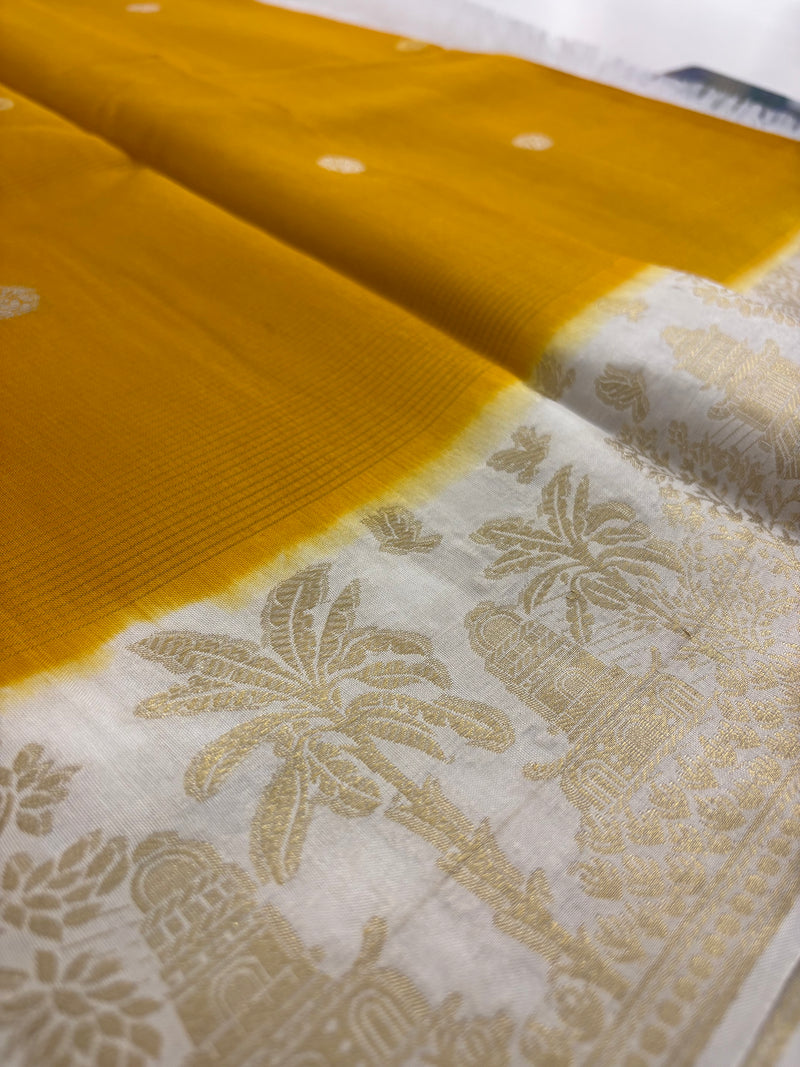 Yellow x Cream Viscose Silk Saree with Kalamkari Border and Stripe Butta Design SALE