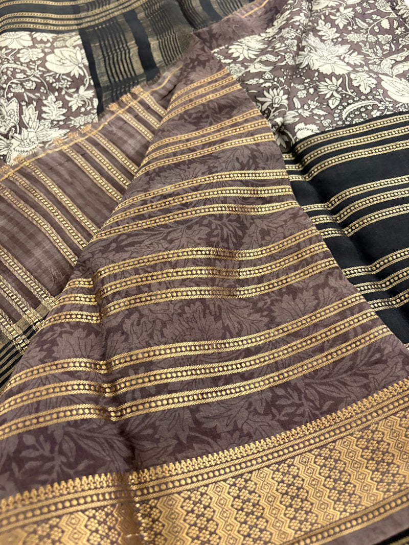 Black into Grey Floral Print Viscose Silk Saree SALE