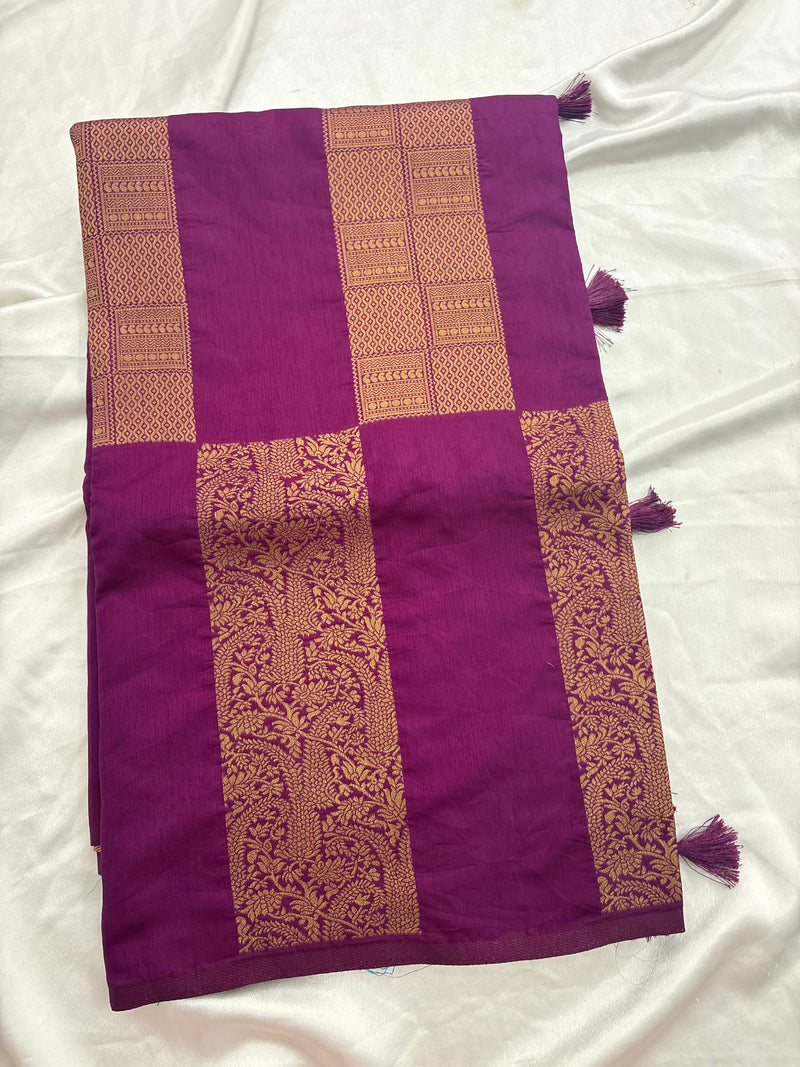 Purple x Rama Blue Soft Cotton Designer Saree with Box Pattern and Zari