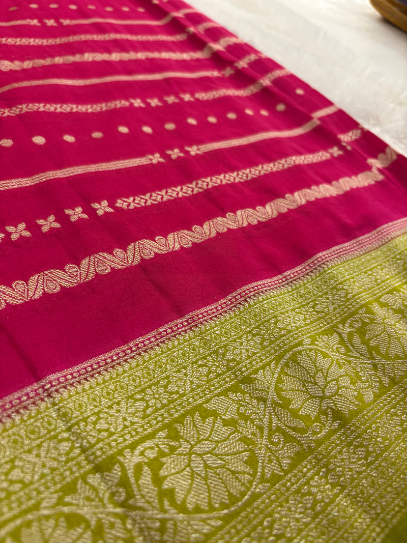 Pink x Green Viscose Silk Saree with Lines and Butta Pattern SALE
