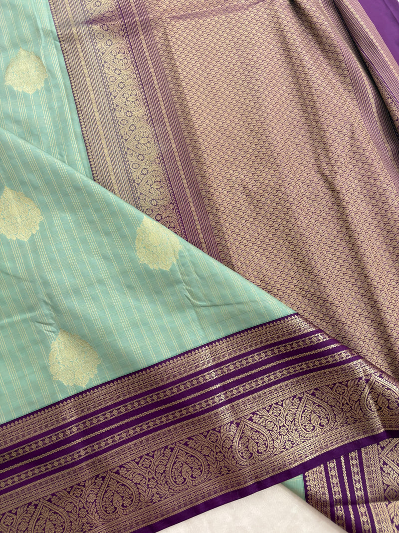 Pastel Blue x Purple Semi Silk Saree with Chex Pattern and Leaf Butta