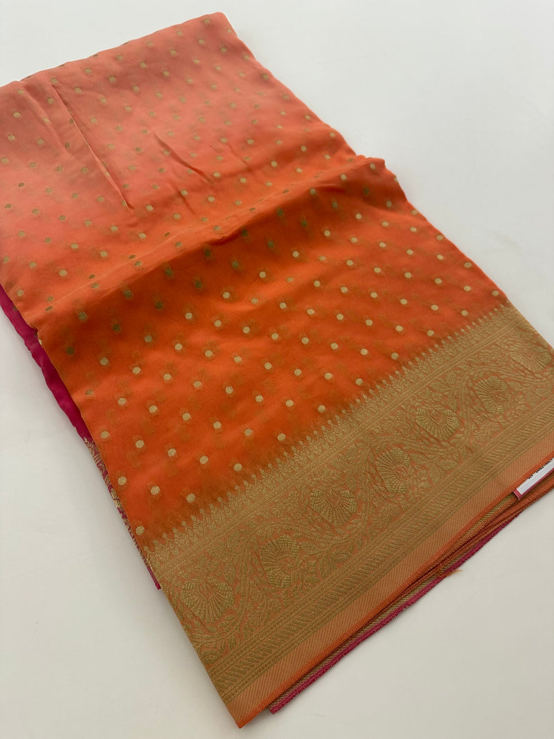 Baby Pink with Orange Shade Georgette Designer Saree with Small Gold Butta JU24